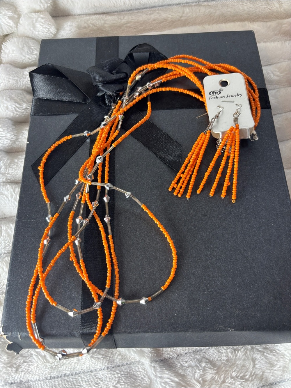 Fashion Jewelry Orange Beaded Necklace and Tassel Earrings Set NWT